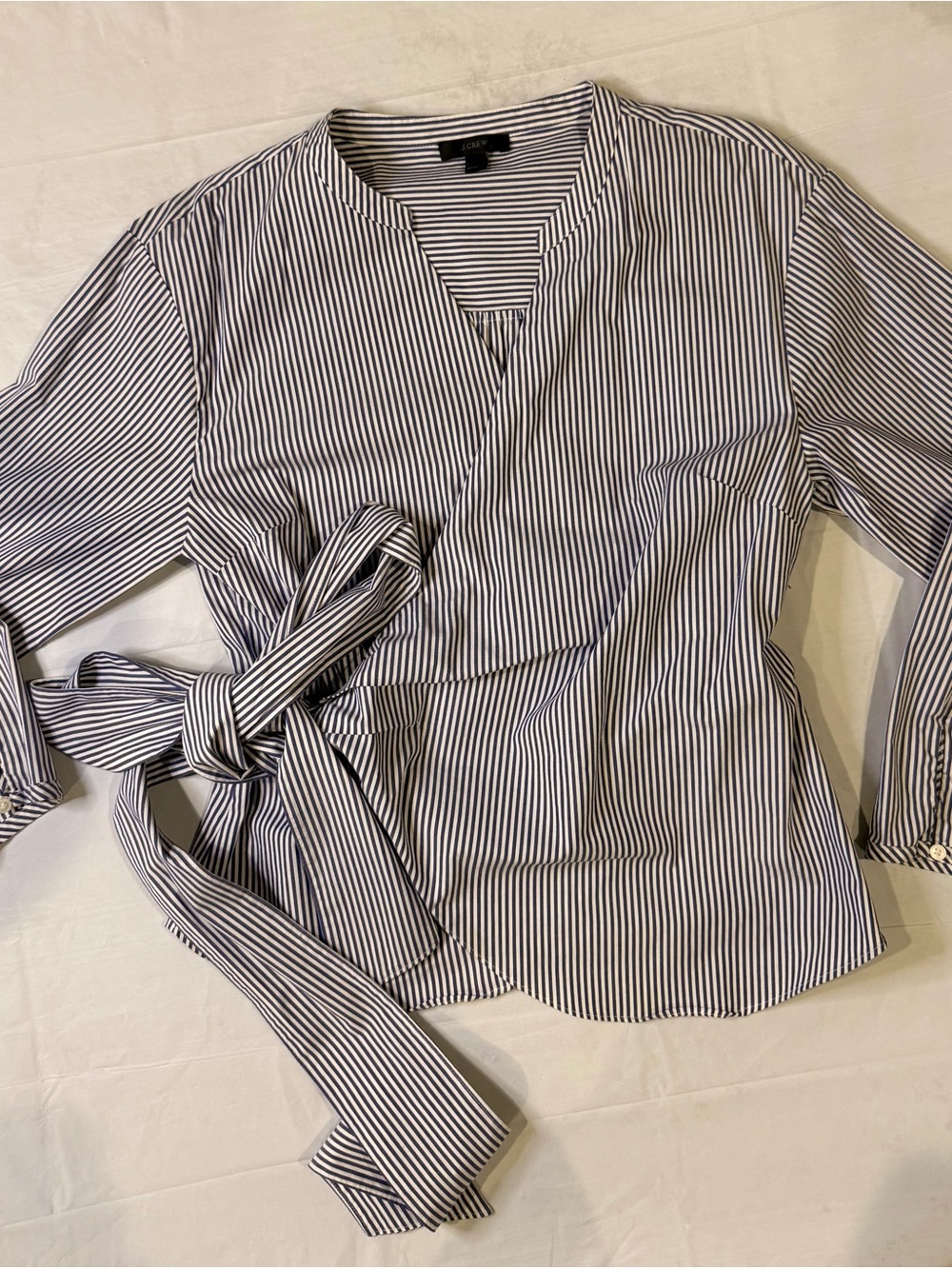 J. Crew Navy and White Striped Wrap Blouse